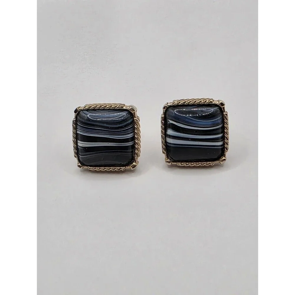 VTG Agate Cufflinks w\ Rope Edge Striped Goldtone Textured Back 1